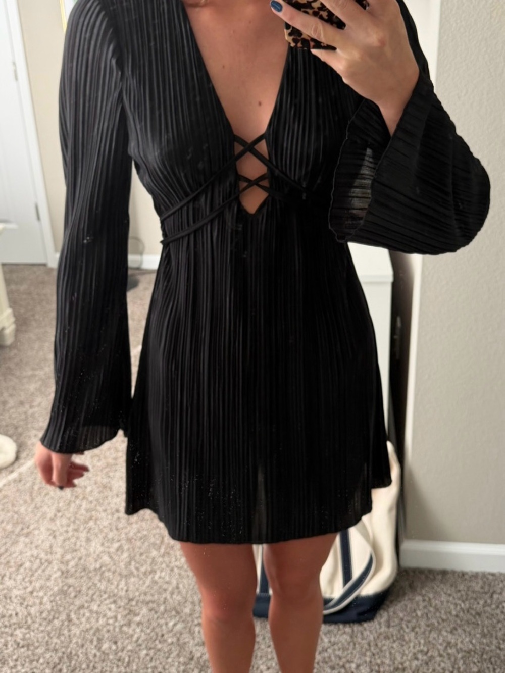Women’s Black Pleated V-Neck Mini Dress with Crisscross Detail